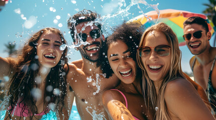 Friends having party and dancing in a swimming pool.
