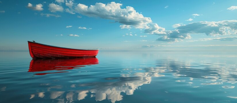 A red boat gracefully floats on a vast expanse of water.