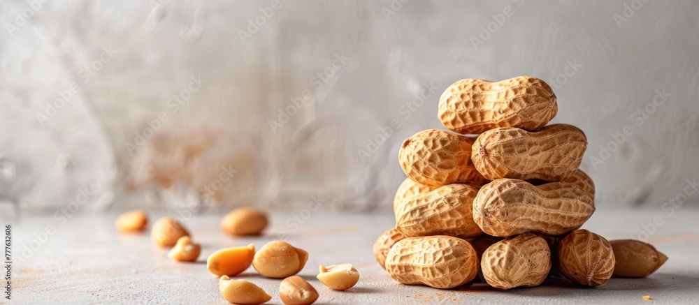 Poster a collection of raw shelled peanuts stacked neatly on top of each other, creating a pile of peanuts.