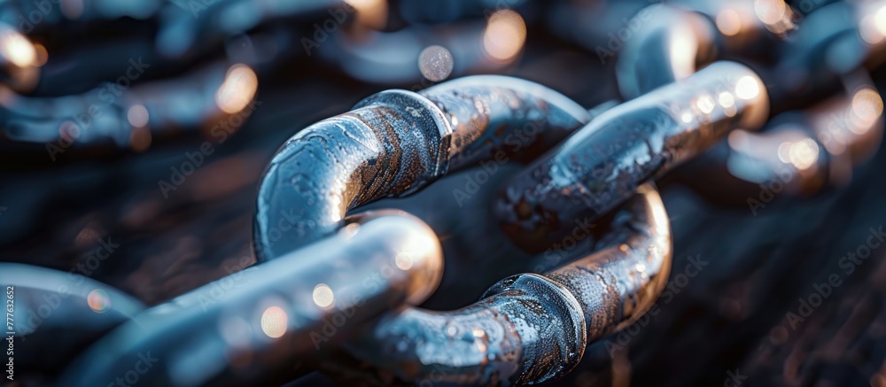 Poster a detailed view of a metal chain resting on a table, showcasing its intricate links and texture.
