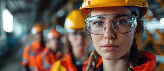 A woman confidently wears safety glasses and a hard hat, embodying empowerment and preparedness in a construction setting.
