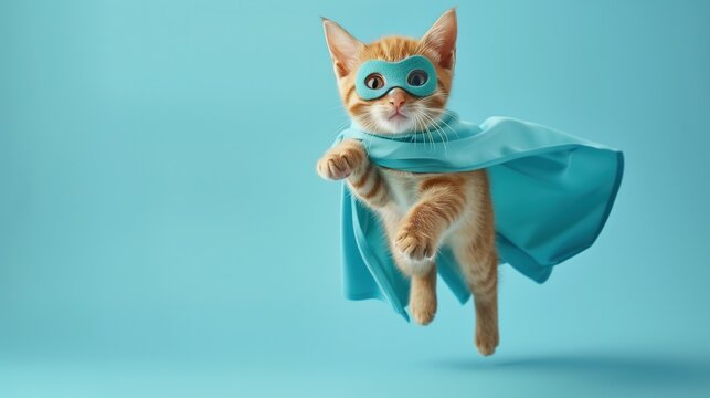 A superhero cat, adorned in a blue cloak and mask, leaps gracefully across a light blue backdrop, evoking a sense of courage and determination, real photo, stock photography  ai generative