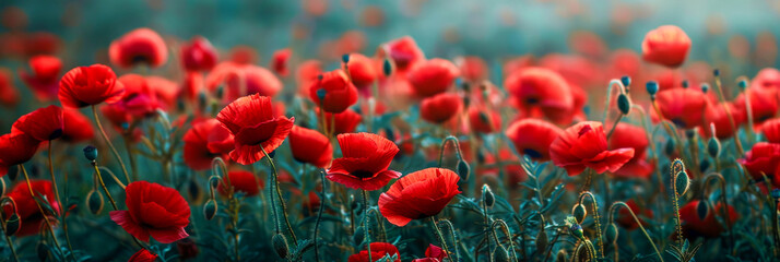 Obraz premium A stunning field of red poppies sways gently, their vivid colors standing out in the soft dusk light