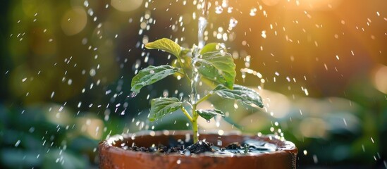 A small plant emerges from a clay pot, with water trickling down the side of the pot.