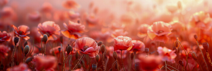 Warm sunset light bathes a tranquil field of poppy flowers, accentuating their delicate features in a serene setting - obrazy, fototapety, plakaty