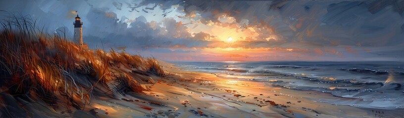 A stunning art piece depicting a natural landscape of a beach with a sunset in the background,...