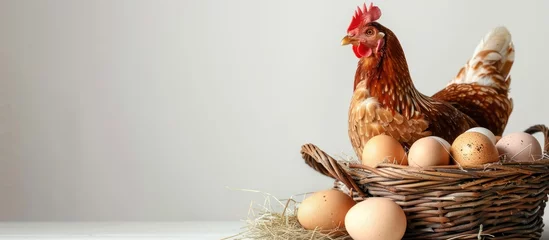 Fotobehang A chicken is perched on the edge of a basket filled with fresh eggs. © FryArt Studio