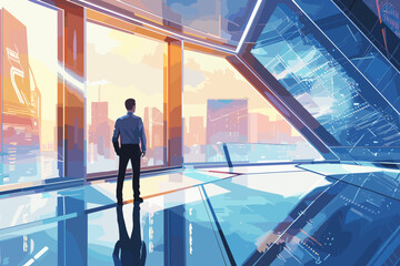 Visionary businessman explores a futuristic office setting, envisioning the transformative potential of advanced technology and innovative work practices in the workplace of tomorrow - obrazy, fototapety, plakaty