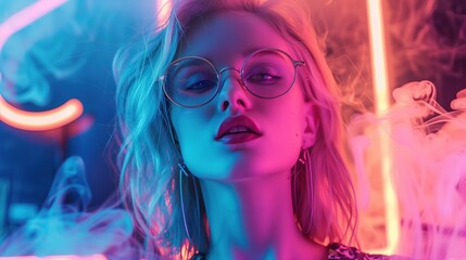 Fototapeta premium Amidst the surreal ambiance of neon lights and billowing smoke, a trendy young girl with blond hair and glasses exudes confidence, real photo, stock photography ai generative high quality images
