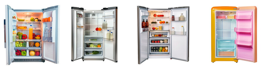 Modern and fully stocked refrigerators that blend style with food preservation technology cut out on transparent background