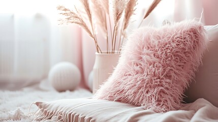 Use Pillow to craft a visually stunning image with pink Fuzz tones, selective focus, and designated copy space attractive look