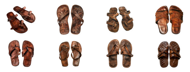 Explore a variety of handcrafted brown leather sandals for stylish comfort cut out on transparent background