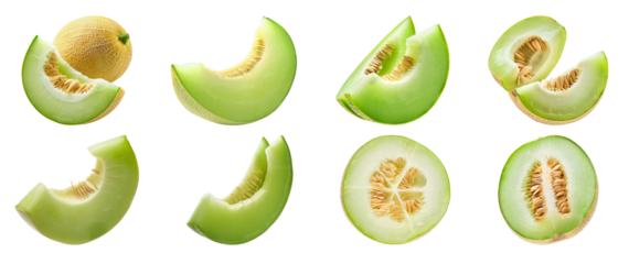 Discover the refreshing taste and health benefits of ripe honeydew melon slices cut out on transparent background