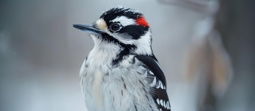 A close up of a downy woodpecker perched on a tree branch.