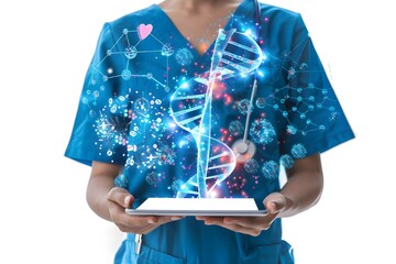 a nurse holds an iPad with holographic medical icons with a digital screen showing illustrations of human body anatomy.