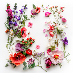 Flowers square composition. Beautiful flowers on white background. Flat lay, top view, copy space, square banner