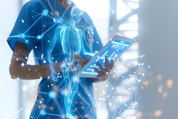 a nurse holds an iPad with holographic medical icons with a digital screen showing illustrations of human body anatomy.