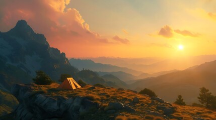 a serene campsite with a tent situated on a mountain ridge, illuminated by the warm colors of the setting sun attractive look - Powered by Adobe