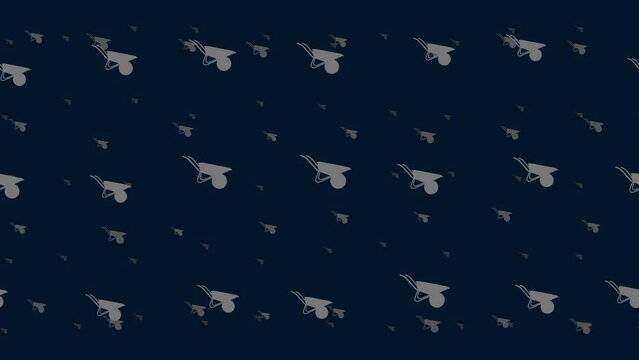 Garden wheelbarrow symbols float horizontally from left to right. Parallax fly effect. Floating symbols are located randomly. Seamless looped 4k animation on dark blue background