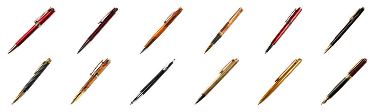 An array of elegant fountain pens in various colors and finishes cut out on transparent background