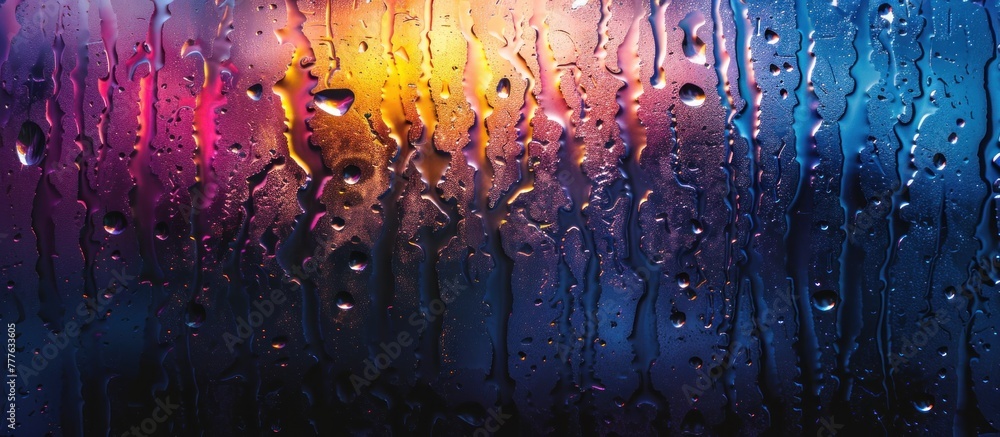 Poster rain drops on a window with a background of rainbow light shining through, creating a unique and col