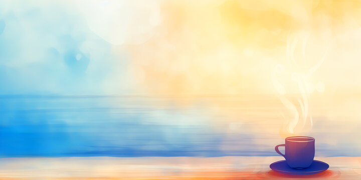 A steaming cup of coffee sits on a reflective surface, with warm and cool hues mixing in the background, giving the impression of a sunrise or sunset over water. AI generated.
