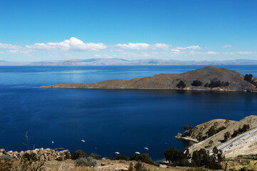 scenery of islands and mountains in the Island of the Sun region on Lake Titicaca