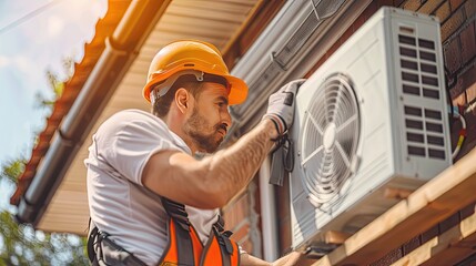skilled electrician install a heat pump on a Swedish house bathed in daylight