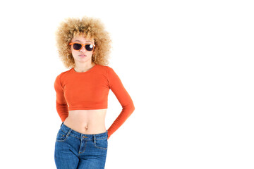 young brazilian girl with blonde afro hair wearing orange sunglasses on white background