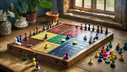 a nostalgic scene featuring a colorful Ludo board and game pieces, evoking fond memories of childhood and timeless fun - obrazy, fototapety, plakaty