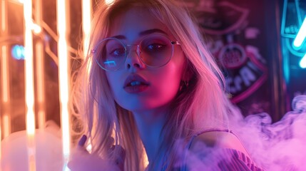 Amidst the surreal ambiance of neon lights and billowing smoke, a trendy young girl with blond hair and glasses exudes confidence, real photo, stock photography ai generative high quality images