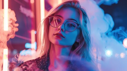 Amidst the surreal ambiance of neon lights and billowing smoke, a trendy young girl with blond hair and glasses exudes confidence, real photo, stock photography ai generative high quality images