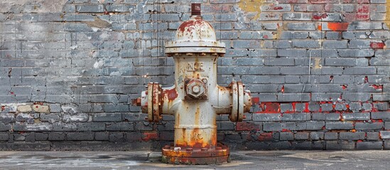 A weathered white fire hydrant covered in red rust stands in front of a textured brick wall, showcasing urban decay and neglect.