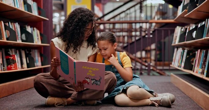 Teacher, child and book for library, support and reading for future growth and knowledge. Woman, kid and smile with help, development and english education for creativity and fantasy storytelling
