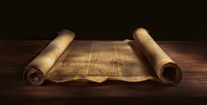 Divine Manuscript. A rolled parchment, bearing the sacred text of the Torah or Pentateuch, lies open on wood, showcasing holy scriptures in Judaism or Christianity, etched on aged parchment.
