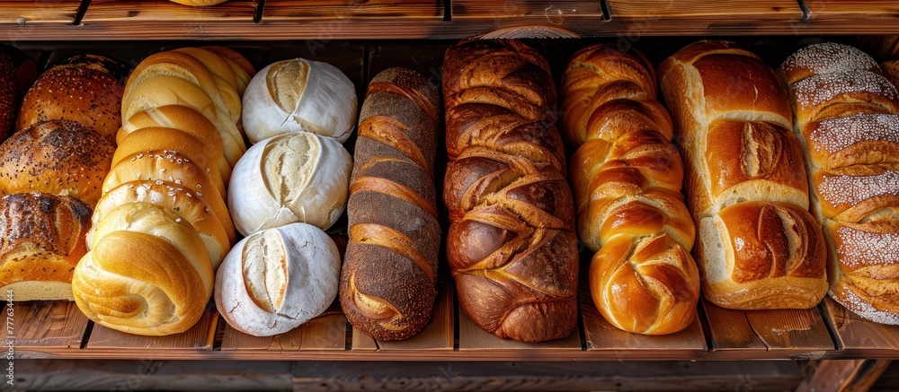 Poster a collection of various golden bread loaves stacked neatly on a shelf in a bakery or store.