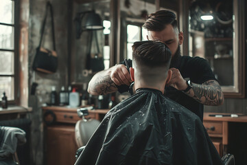 A skilled barber carefully tends to a man's hair in a chair, exemplifying precision and expertise in the art of hairstyling - obrazy, fototapety, plakaty