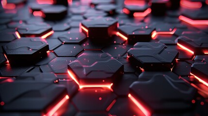 Fototapeta premium A 3D illustration of dark hexagonal shapes with glowing edges, presenting a futuristic vibe, abstract render generative ai images