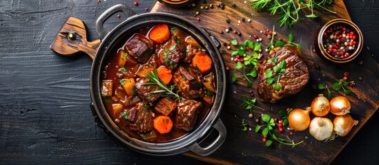 A pot filled with German style braised beef cheeks in a rich red wine sauce, cooked with tender...