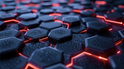 Obraz premium A 3D illustration of dark hexagonal shapes with glowing edges, presenting a futuristic vibe, abstract render generative ai images