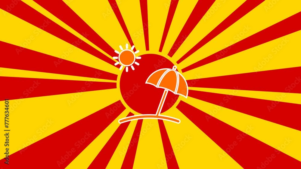 Poster beach symbol on the background of animation from moving rays of the sun. large orange symbol increas