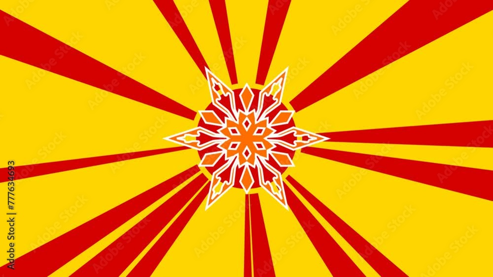 Poster snowflake on the background of animation from moving rays of the sun. movement symbolizes the dawn o
