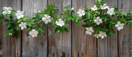 Several white jasmine flowers bloom on a wooden fence under the sunlight.