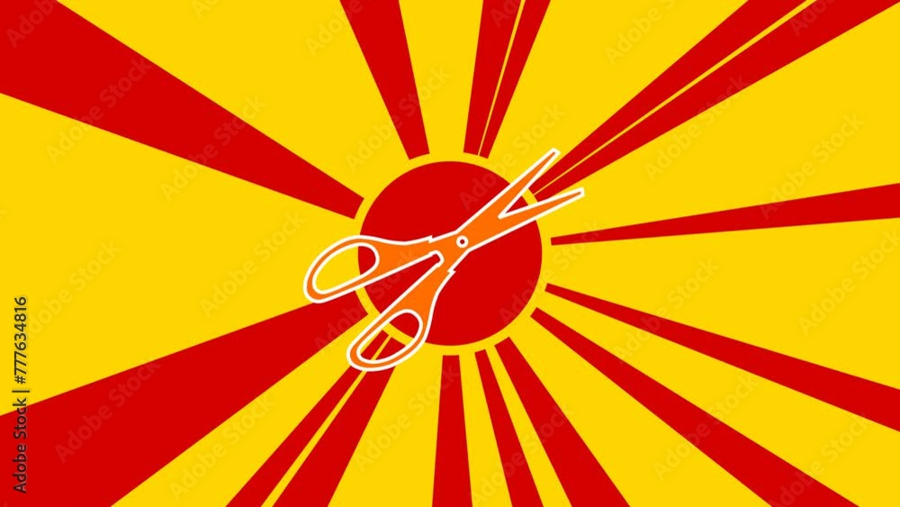 Poster scissors symbol on the background of animation from moving rays of the sun. large orange symbol incr