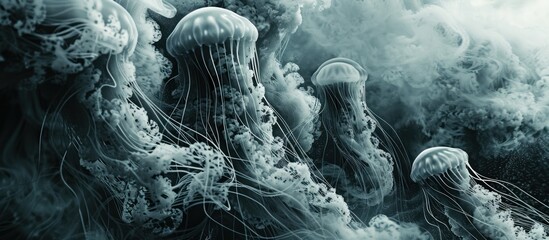A group of jellyfish with translucent bodies gracefully drifts in the ocean water. - obrazy, fototapety, plakaty