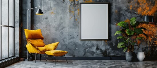 A yellow chair is positioned in front of a large window, allowing natural light to illuminate the room. The dark grey smooth wall serves as a backdrop with a mockup of a black picture frame. - Powered by Adobe