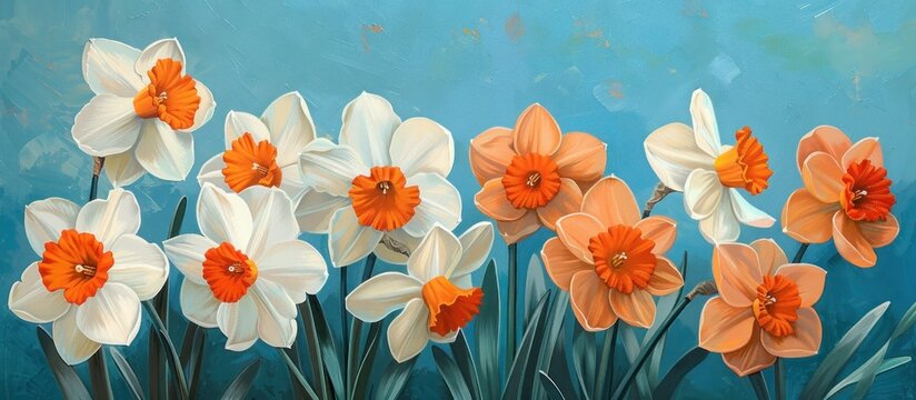 A painting showcasing bright orange and white Narc flowers set against a striking blue backdrop.