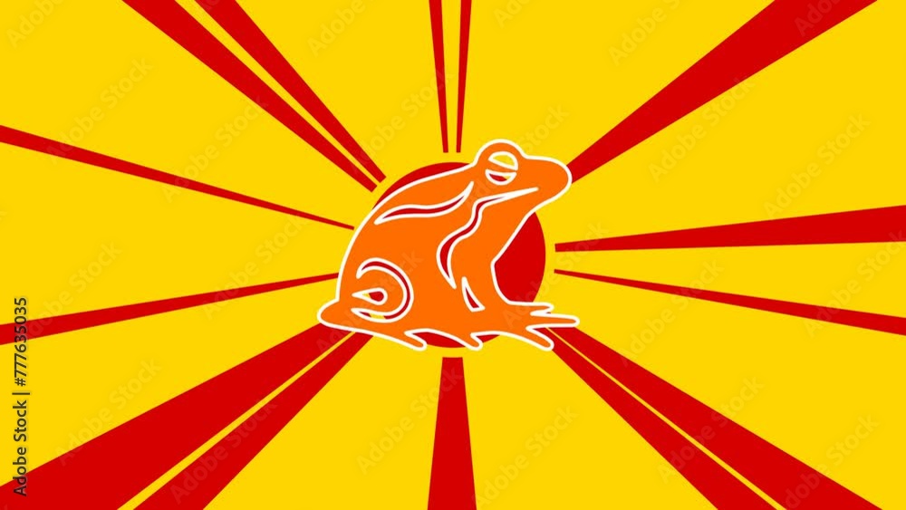 Poster frog symbol on the background of animation from moving rays of the sun. large orange symbol increase