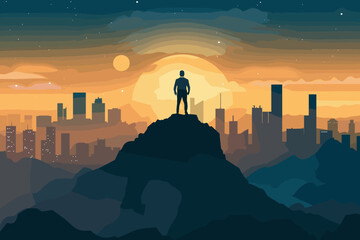 Visionary businessman standing on mountain top, looking at city skyline, symbolizing leadership, ambition, success and achievement - obrazy, fototapety, plakaty