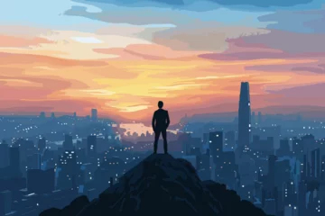 Foto op Canvas Visionary businessman standing on mountain top, looking at city skyline, symbolizing leadership, ambition, success and achievement © Dave